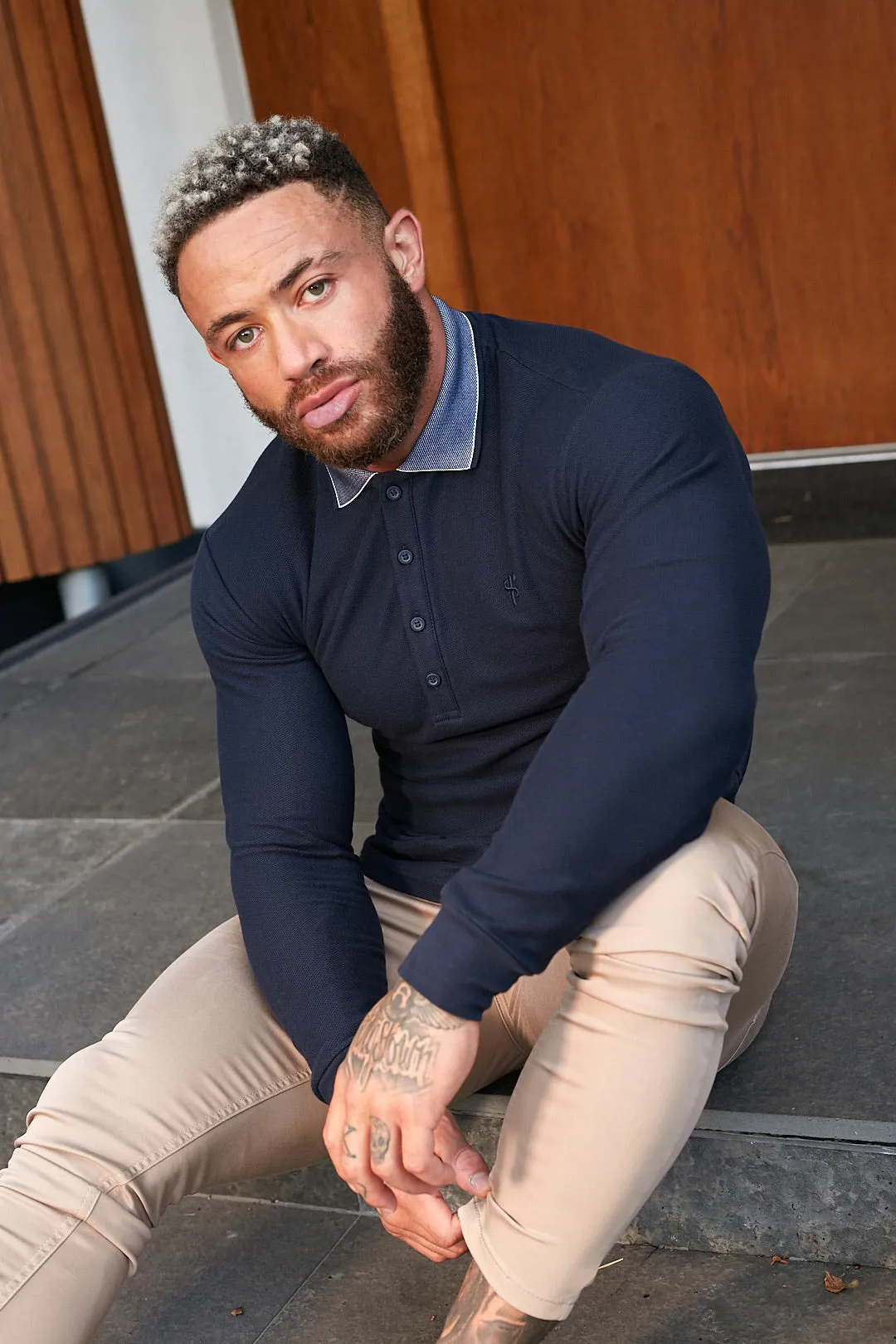 Father Sons Classic Navy Honeycomb Textured Polo Shirt with Contrast Collar Long Sleeve - FSH425