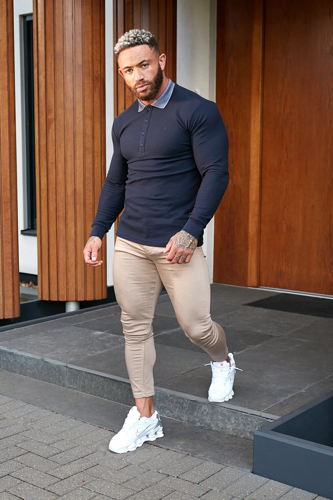 Father Sons Classic Navy Honeycomb Textured Polo Shirt with Contrast Collar Long Sleeve - FSH425