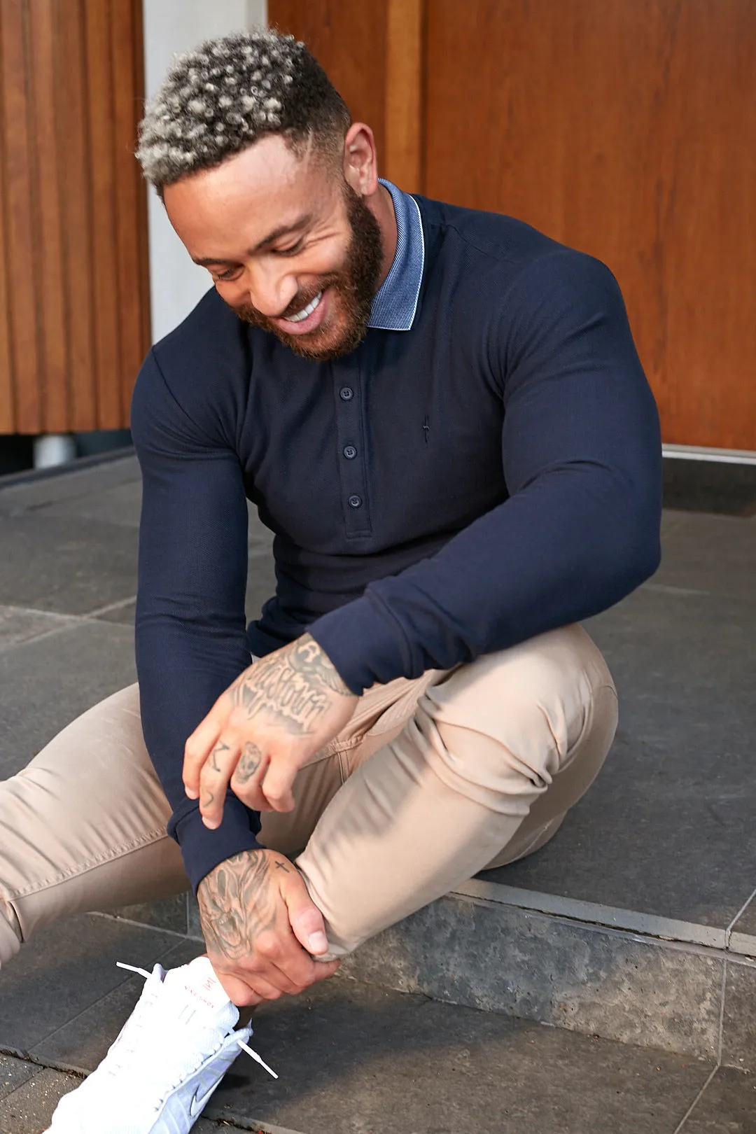 Father Sons Classic Navy Honeycomb Textured Polo Shirt with Contrast Collar Long Sleeve - FSH425