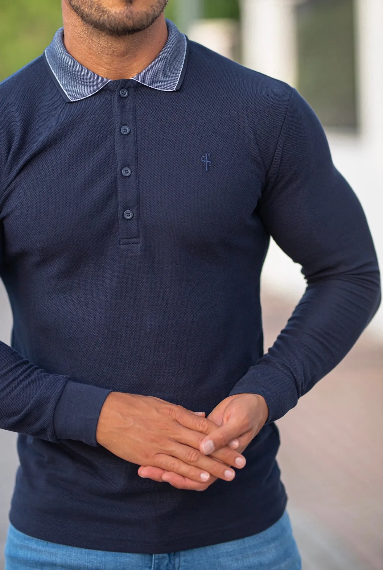 Father Sons Classic Navy Honeycomb Textured Polo Shirt with Contrast Collar Long Sleeve - FSH425
