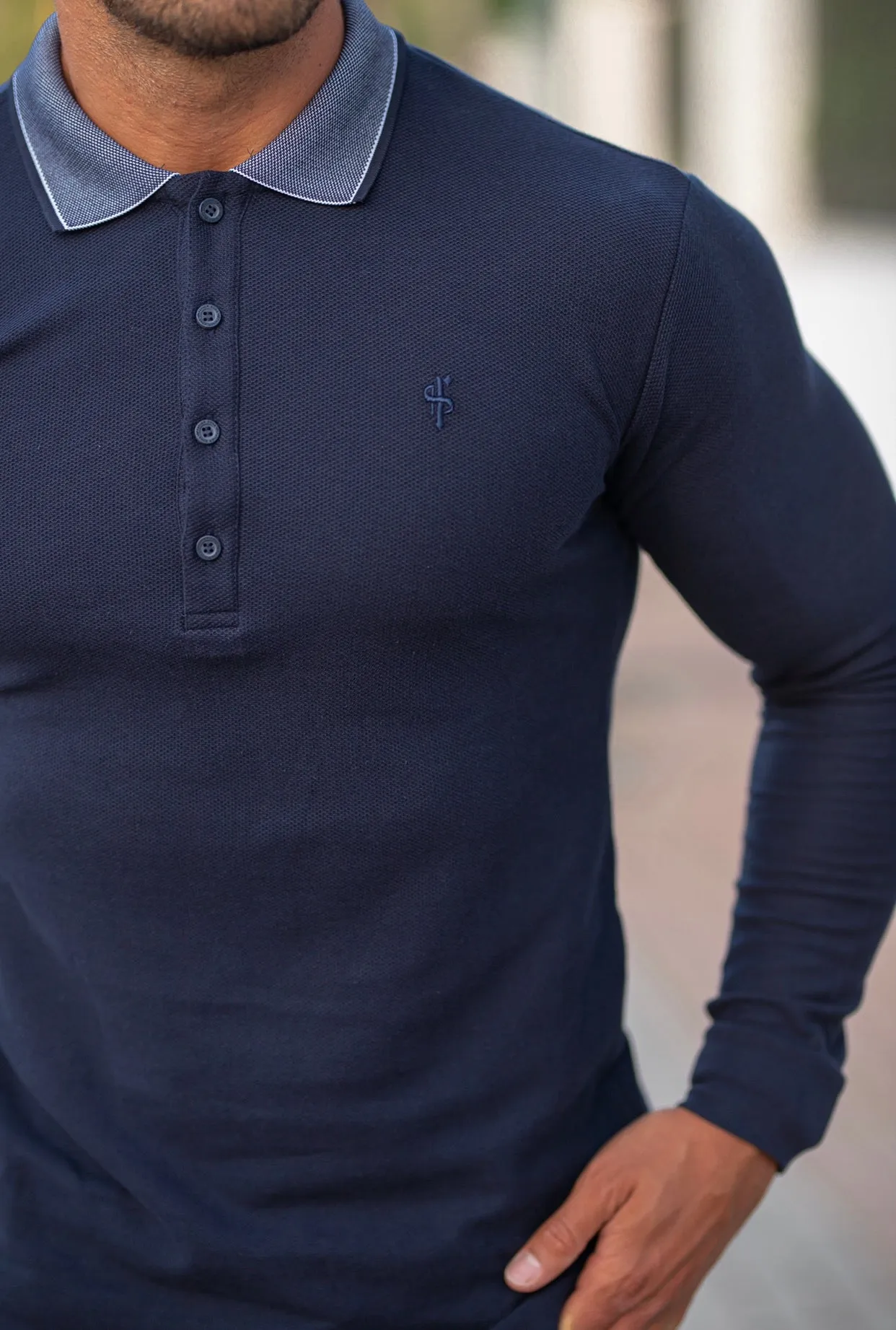 Father Sons Classic Navy Honeycomb Textured Polo Shirt with Contrast Collar Long Sleeve - FSH425