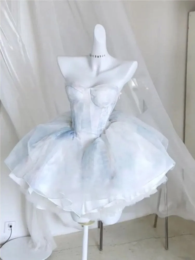 Getadme France Vintage Blue Two Piece Set Women Elegant Evening Party Mini Dress Suit Female Chiffon Beach Coat+Cake Dress Summer