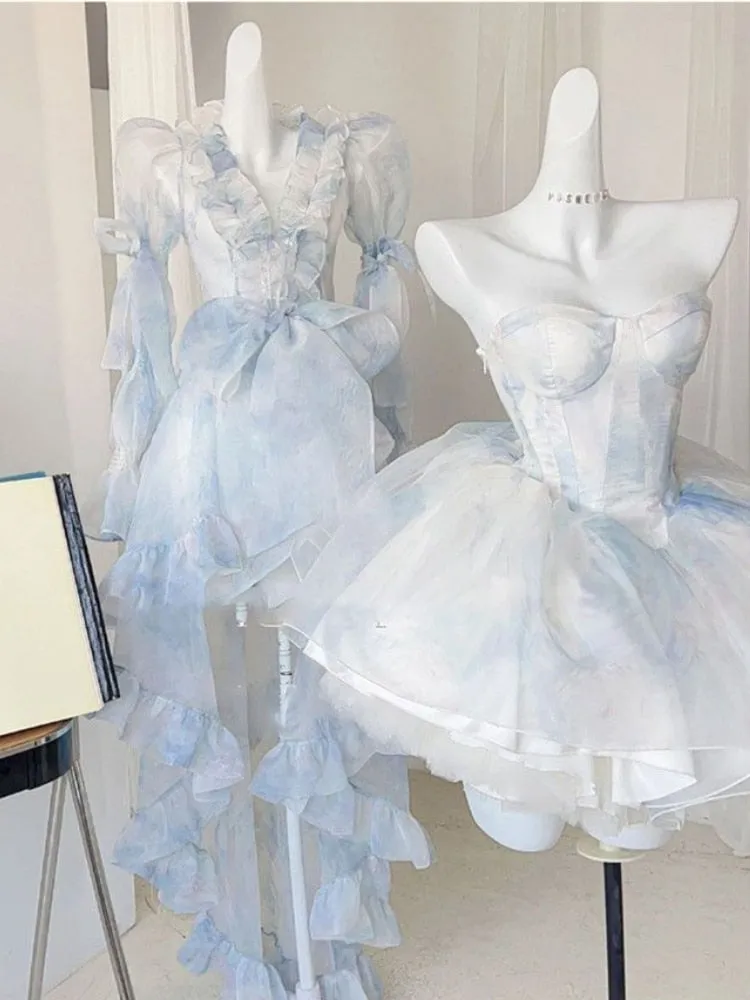 Getadme France Vintage Blue Two Piece Set Women Elegant Evening Party Mini Dress Suit Female Chiffon Beach Coat+Cake Dress Summer